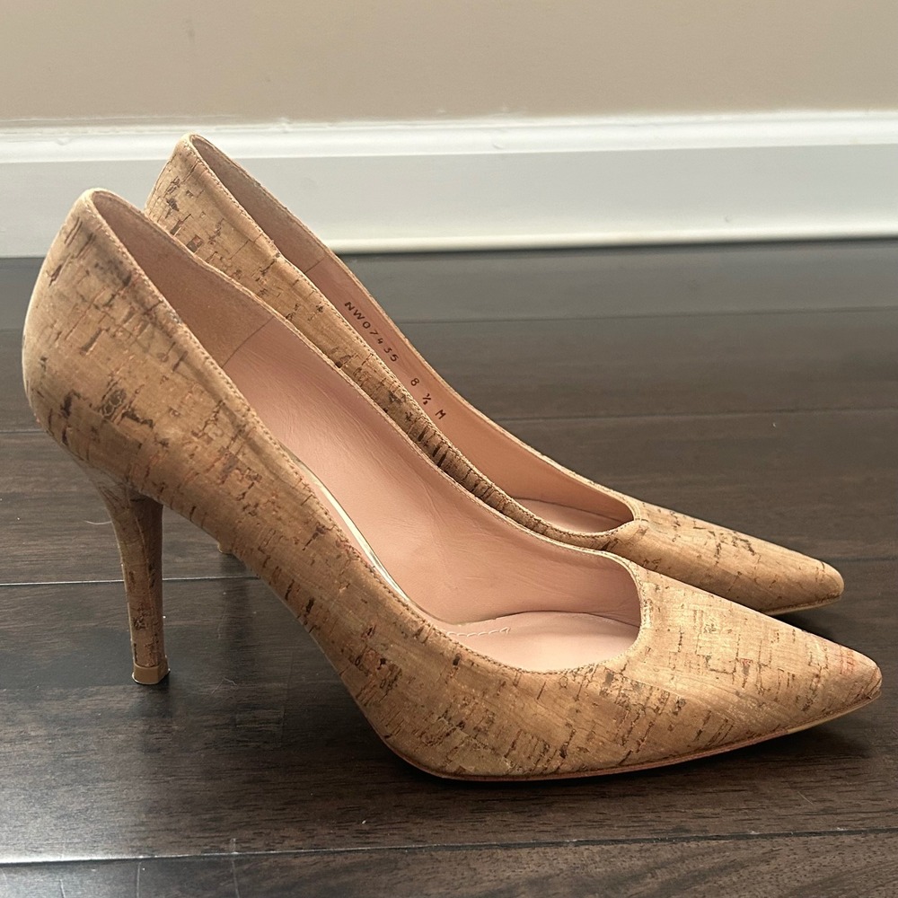 Stuart‎ Weitzman Cork Pointed Toe Pumps Gold Metallic Fleck Heels Size 8.5